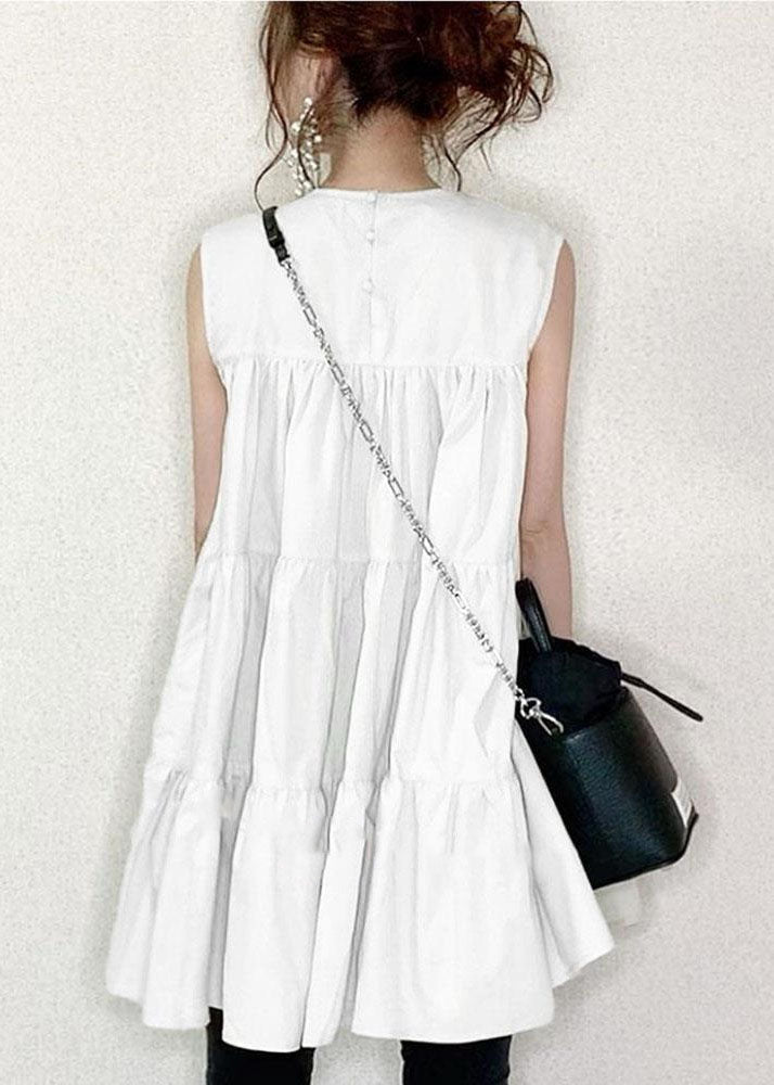 Boutique White Wrinkled Patchwork Cotton Mini Dresses Sleeveless