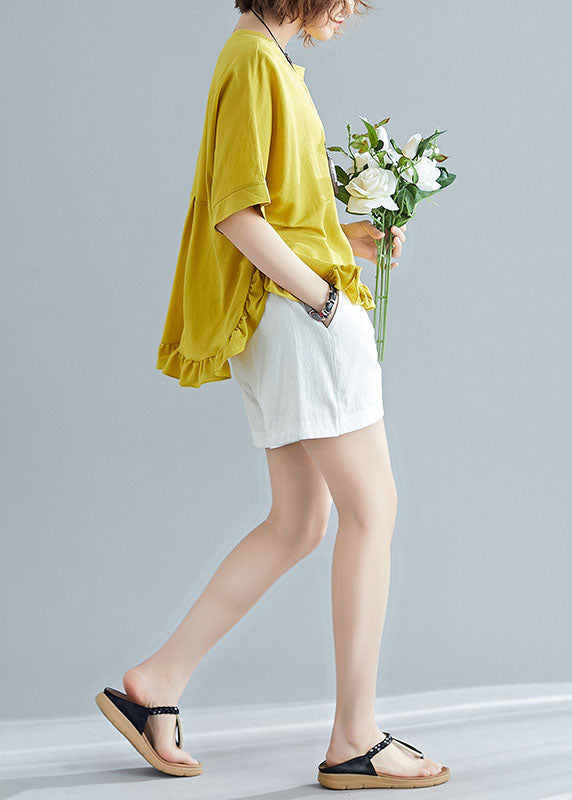 Boutique Yellow Asymmetrical Patchwork Ruffled Cotton T Shirt Short Sleeve