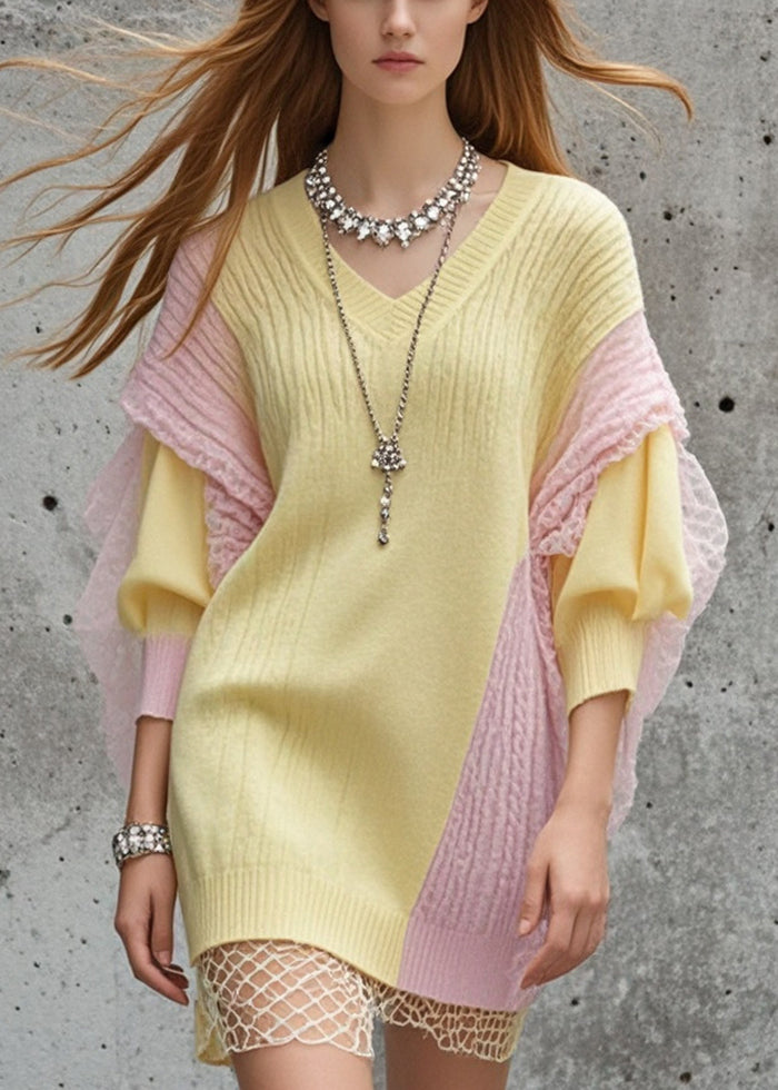 Boutique Yellow Asymmetrical Patchwork Tulle Sweater Dress Fall