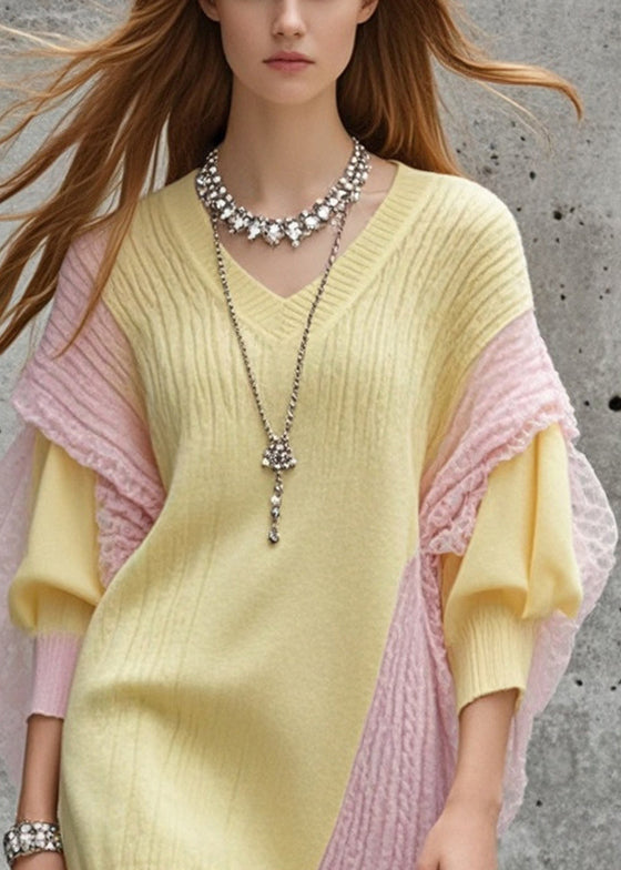 Boutique Yellow Asymmetrical Patchwork Tulle Sweater Dress Fall