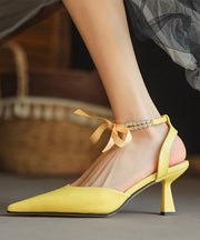 Boutique Yellow Cowhide Leather High Heels Beading Bow Lace Up Splicing