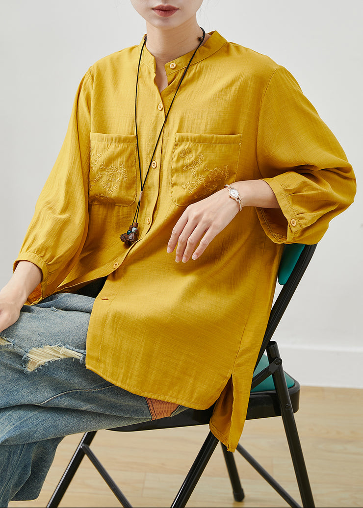 Boutique Yellow Embroidered Linen Shirt Tops Bracelet Sleeve