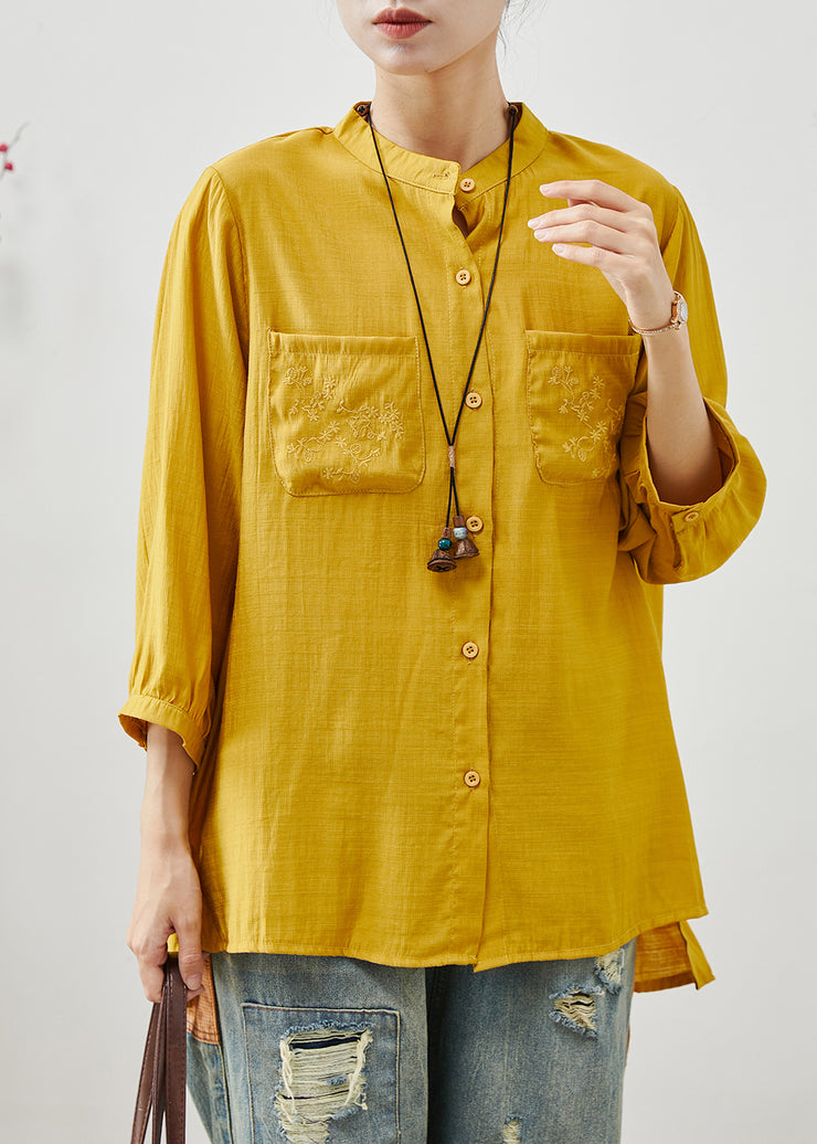 Boutique Yellow Embroidered Linen Shirt Tops Bracelet Sleeve