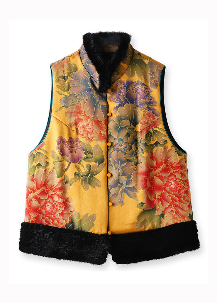 Boutique Yellow Mink Hair Patchwork Silk Fine Cotton Filled Vest Sleeveless