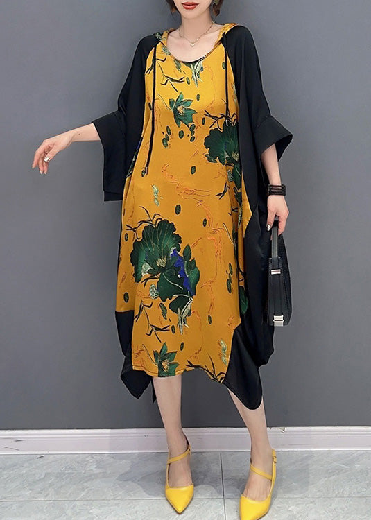 Boutique Yellow Neck Tie Print Party Hooded Long Dress Summer