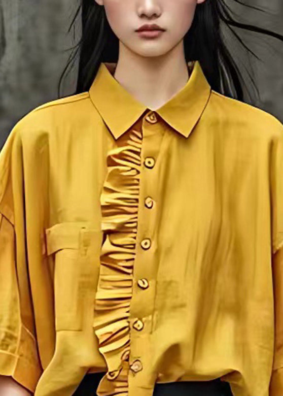 Boutique Yellow Peter Pan Collar Ruffled Patchwork Shirts Half Sleeve