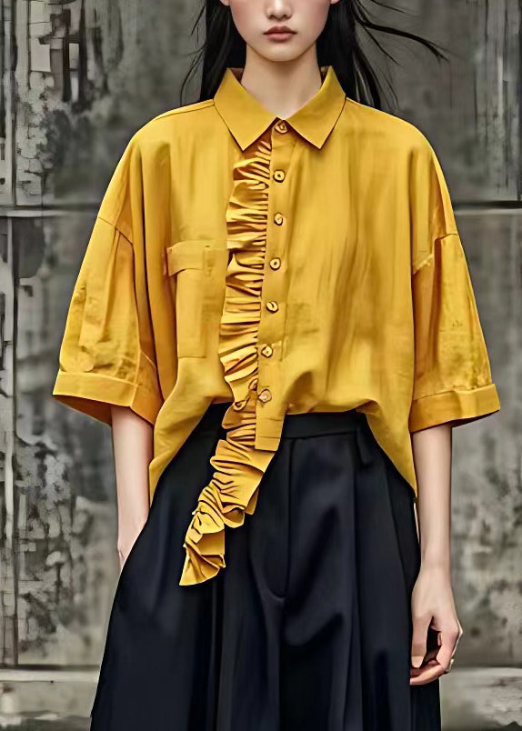 Boutique Yellow Peter Pan Collar Ruffled Patchwork Shirts Half Sleeve