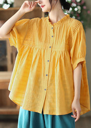 Boutique Yellow Ruffled Button Patchwork Cotton Blouse Top Summer