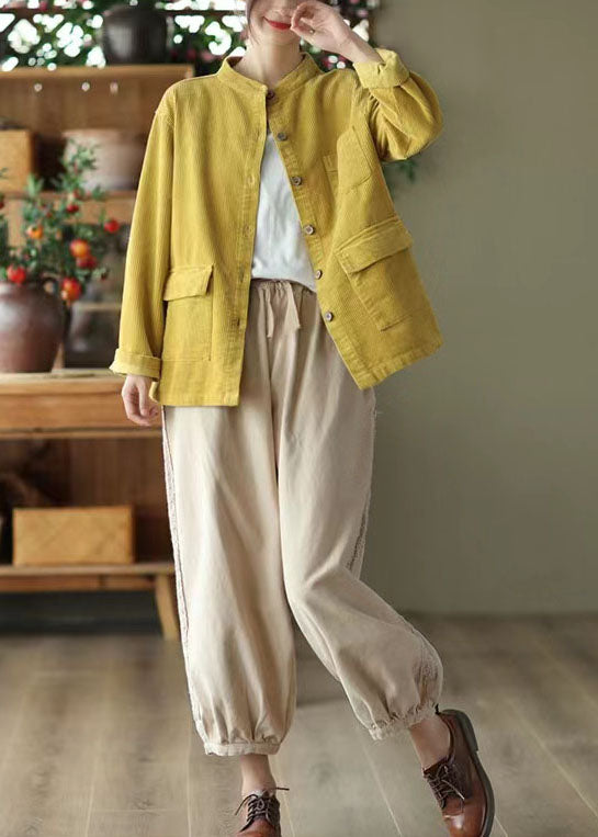 Boutique Yellow Stand Collar Pockets Solid Corduroy Coats Fall