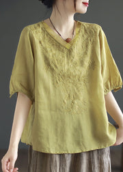 Boutique Yellow V Neck Embroideried Patchwork Linen T Shirt Summer