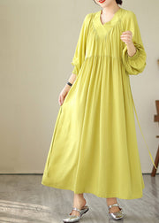 Boutique Yellow V Neck Green Long Dress Puff Sleeve