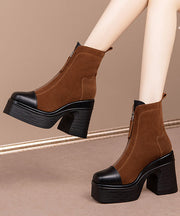 Boutique Zippered Splicing Chunky Heel Boots Brown Suede