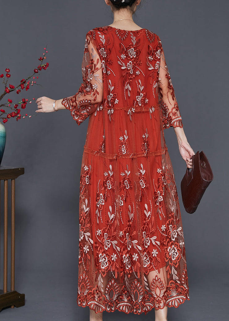 Brick Red Hollow Out Tulle Robe Dresses Embroidered Summer