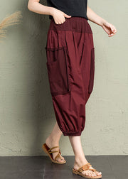 Brick Red Patchwork Pockets Elastic Waist Cotton Crop Pants Summer