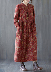 Brick Red Pockets Patchwork Cotton Dresses O Neck Long Sleeve