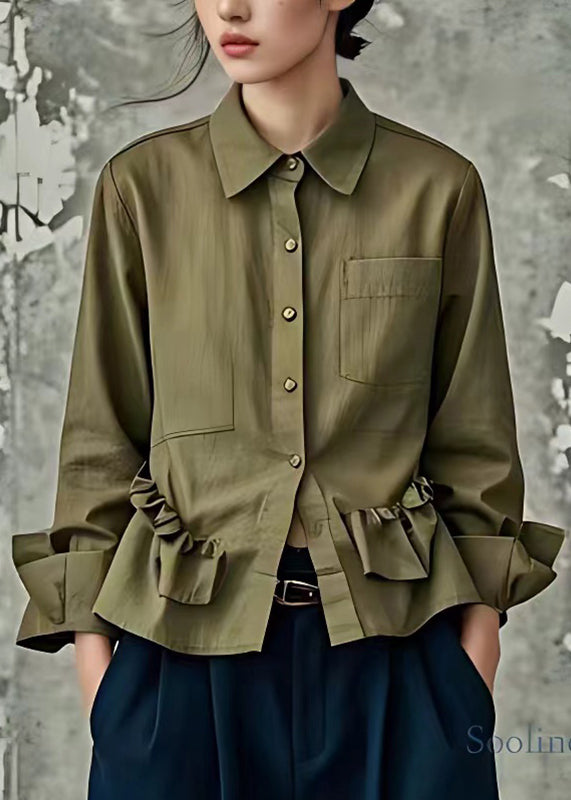 Brief Army Green Peter Pan Collar Wrinkled Button Shirt Long Sleeve