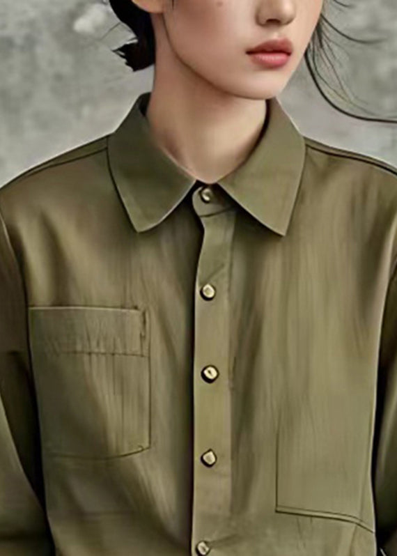 Brief Army Green Peter Pan Collar Wrinkled Button Shirt Long Sleeve