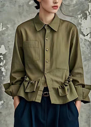 Brief Army Green Peter Pan Collar Wrinkled Button Shirt Long Sleeve