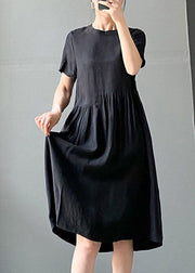 Brief Black flower O-Neck Patchwork Linen Dress Short Sleeve