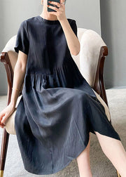 Brief Black flower O-Neck Patchwork Linen Dress Short Sleeve