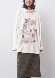 Brief Beige Turtleneck Print Cotton Top Fall