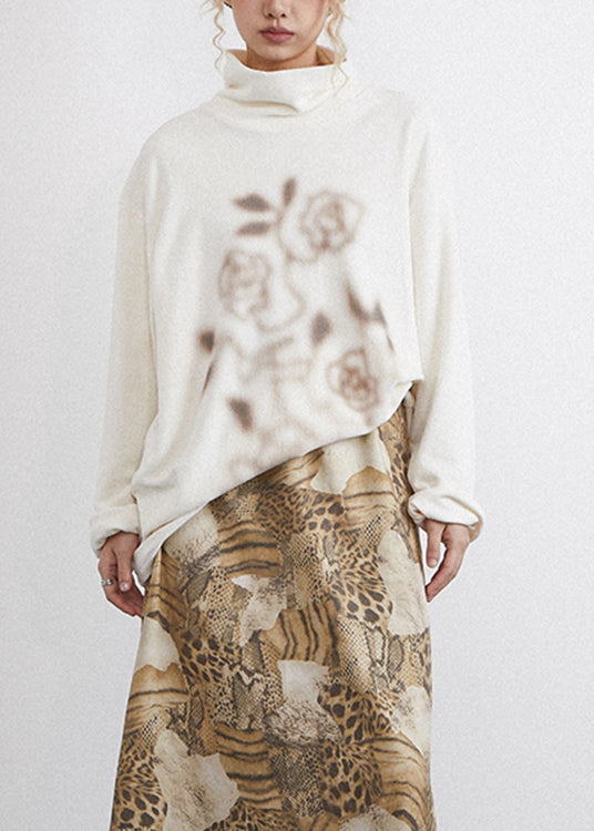 Brief Beige Turtleneck Print Cotton Top Fall