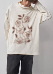 Brief Beige Turtleneck Print Cotton Top Fall