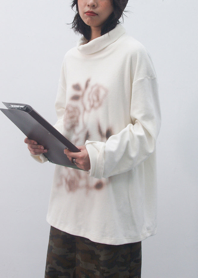 Brief Beige Turtleneck Print Cotton Top Fall