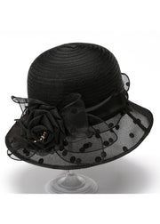 Brief Black Dot Print Bow Tulle Floppy Sun Hat