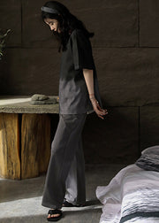 Brief Black O-Neck Ice Silk Couple Pajamas Two Pieces Set Short Sleeve