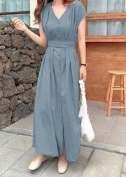 Brief Blue V Neck Tie Waist Button Solid Long Dress Short Sleeve