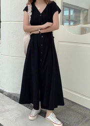 Brief Blue V Neck Tie Waist Button Solid Long Dress Short Sleeve