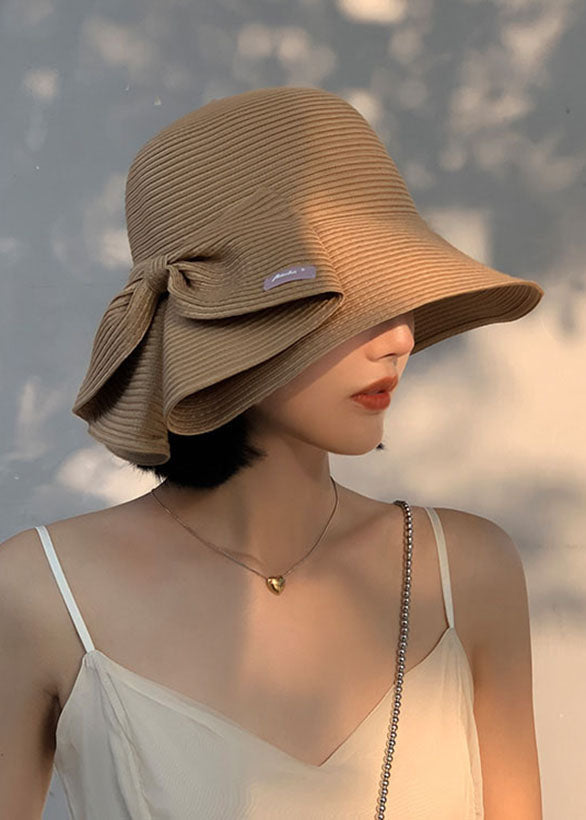 Brief Camel Bow Straw Woven Cloche Hat