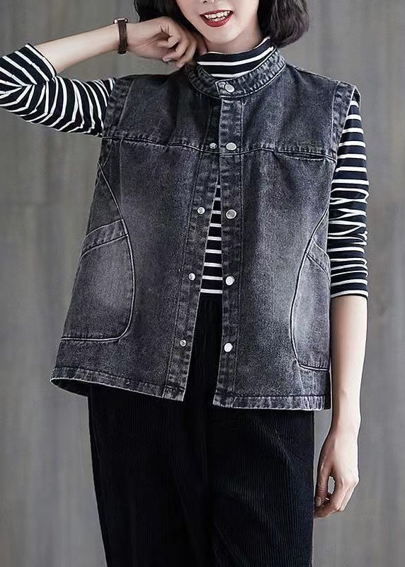 Brief Dark Blue Patchwork Button Denim Waistcoat Sleevele