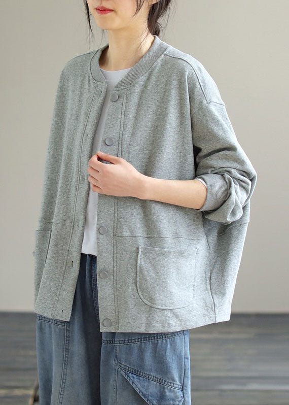 Brief Grey O-Neck Button Solid Cotton Coat Long Sleeve