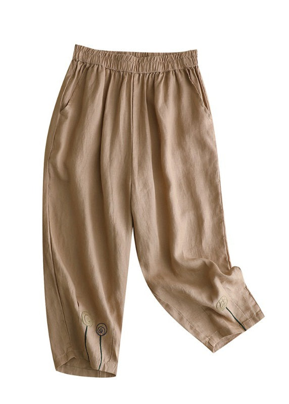 Brief Khaki Embroideried High Waist Solid Linen Harem Pants Summer