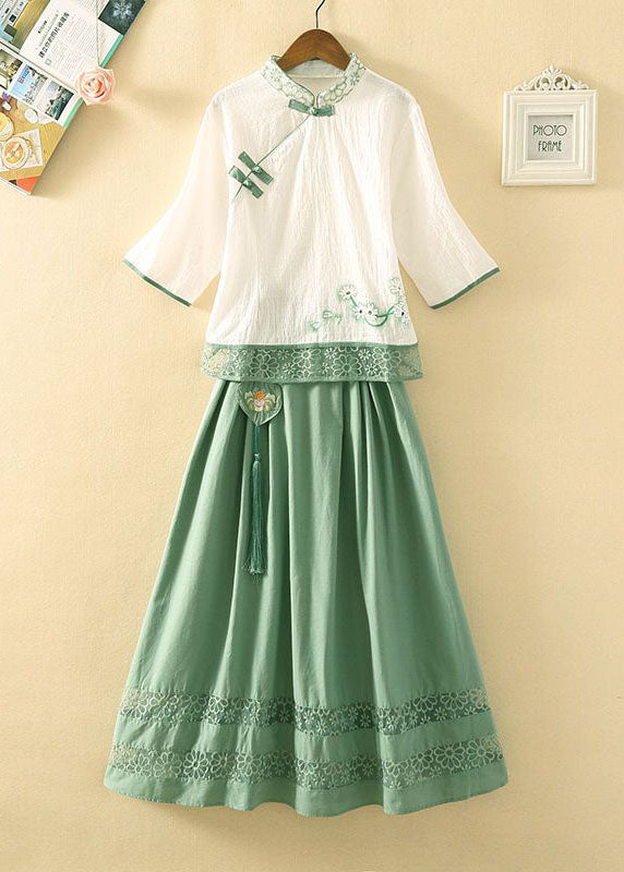 Brief Light Green Tasseled Hollow Out Patchwork Cotton Skirt Summer