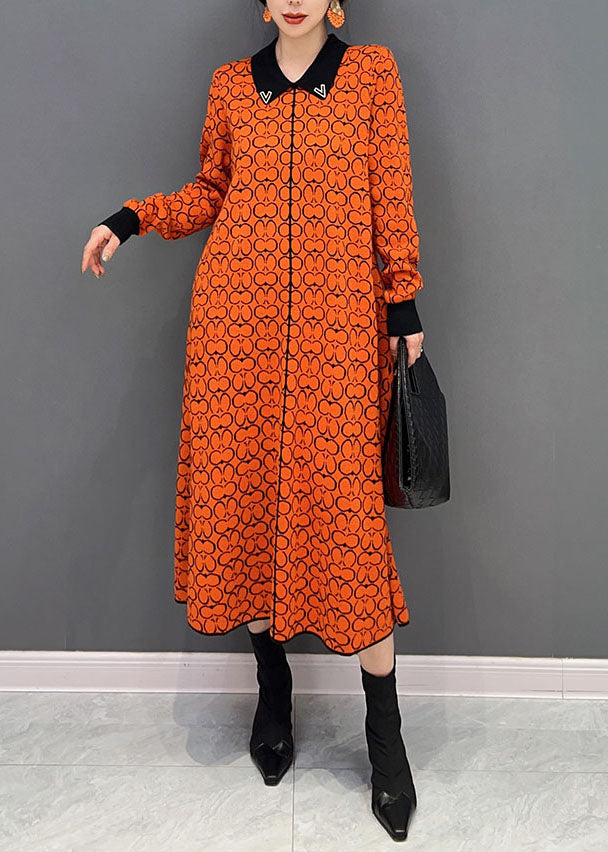 Brief Orange Peter Pan Collar Print Knit Shirt Dress Winter