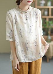 Brief Peter Pan Collar Print Button Low High Design Linen Shirt Half Sleeve