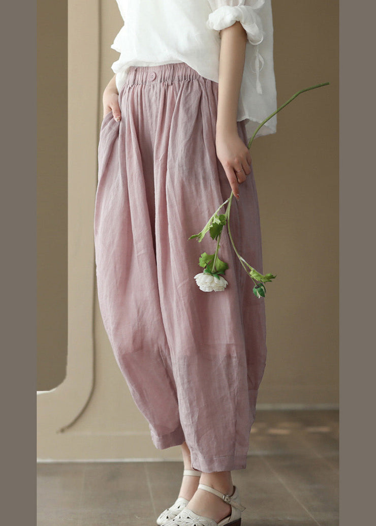 Brief Pink Elastic Waist Wide Solid Ramie Leg Pants Summer