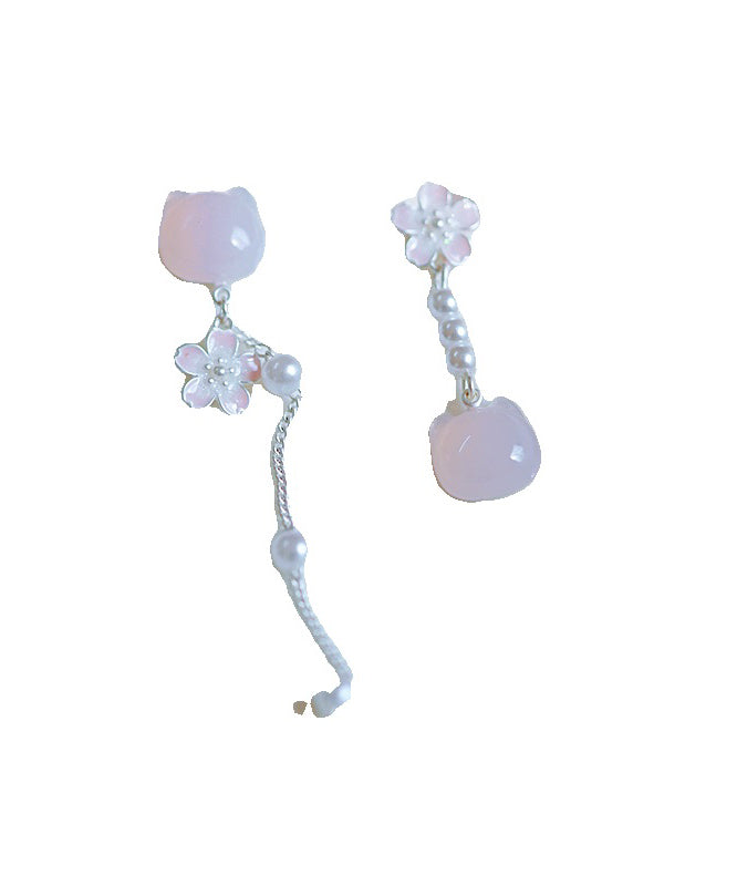 Brief Pink Sterling Silver Asymmetry Pearl Floral Cats Tassel Drop Earrings