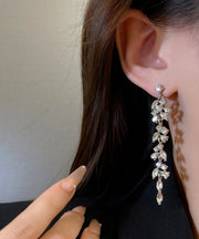 Brief Silk Sterling Silver Zircon Leaves Tassel Drop Earrings