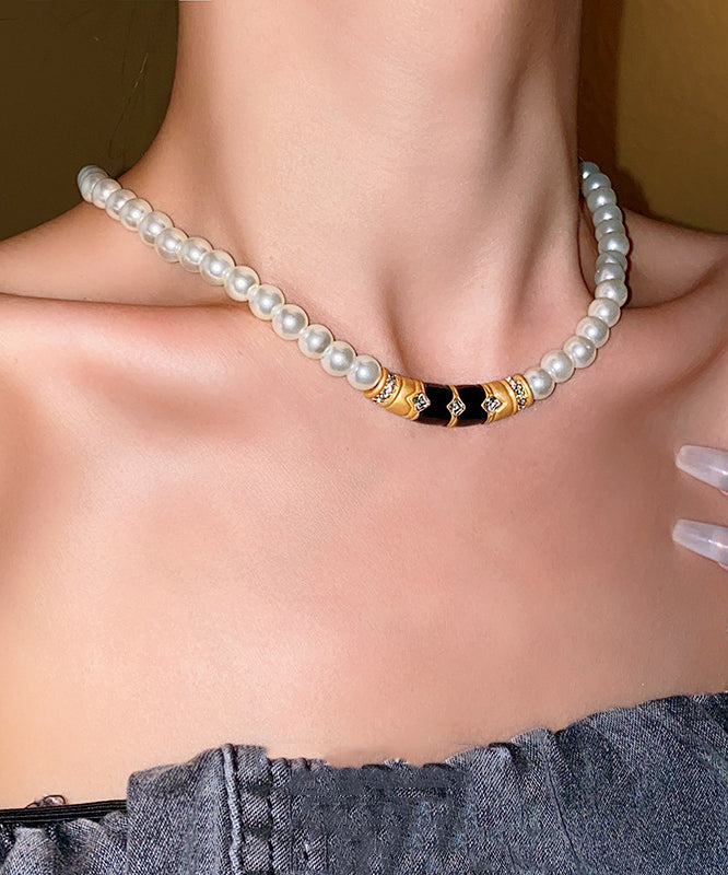 Brief White Alloy Pearl Zircon Drip Graduated Bead Necklace