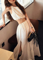 Brief White O-Neck Vest And Side Open Maxi Skirts Two Piece Set Summer