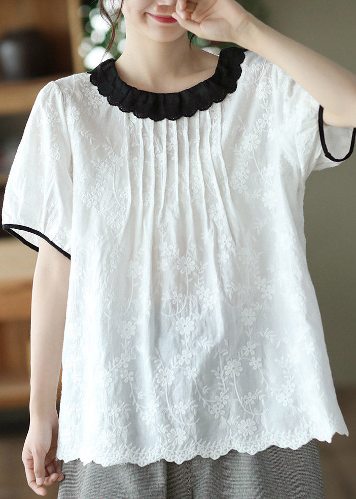 Brief White Peter Pan Collar Cotton Shirt Short Sleeve