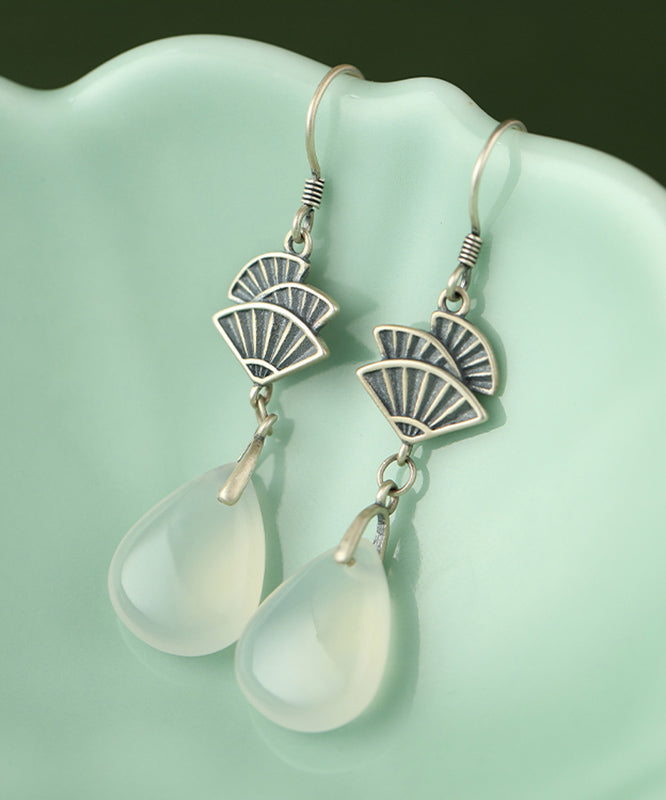 Brief White Sterling Silver Jade Fan-Shaped Drop Earrings