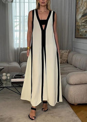 Brief White V Neck Striped Patchwork Long Dress Summer