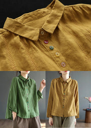 Brief Yellow Peter Pan Collar Embroideried Linen Shirt Spring