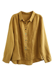 Brief Yellow Peter Pan Collar Embroideried Linen Shirt Spring