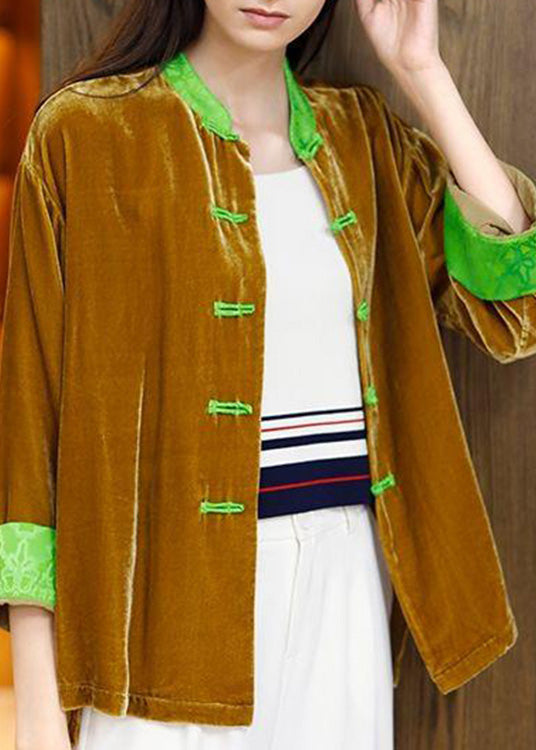 Brief Yellow Stand Collar Patchwork Button Velour Coats Spring